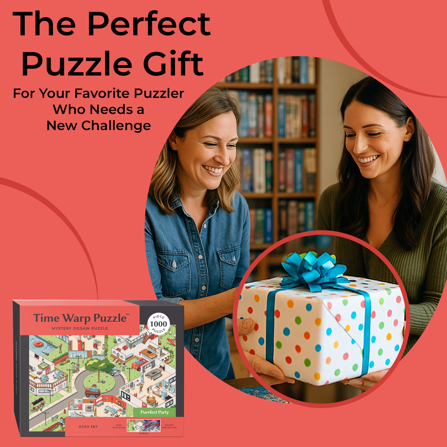 1000 Piece Jigsaw Puzzle – Box Shows Day, Puzzle Reveals Night | Time Warp Puzzle: Purrfect Party
