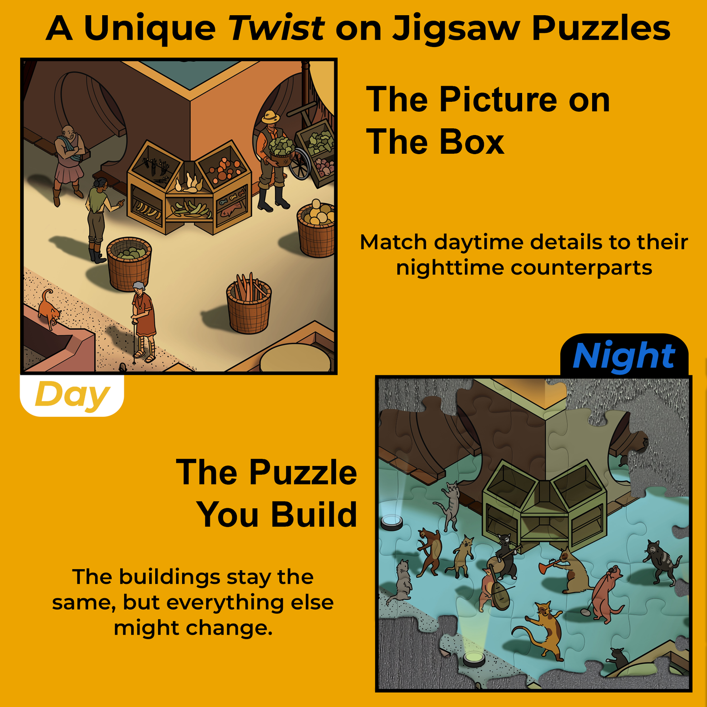 1000 Piece Jigsaw Puzzle – Box Shows Day, Puzzle Reveals Night |Time Warp Puzzle: Rock the Cat's Paw