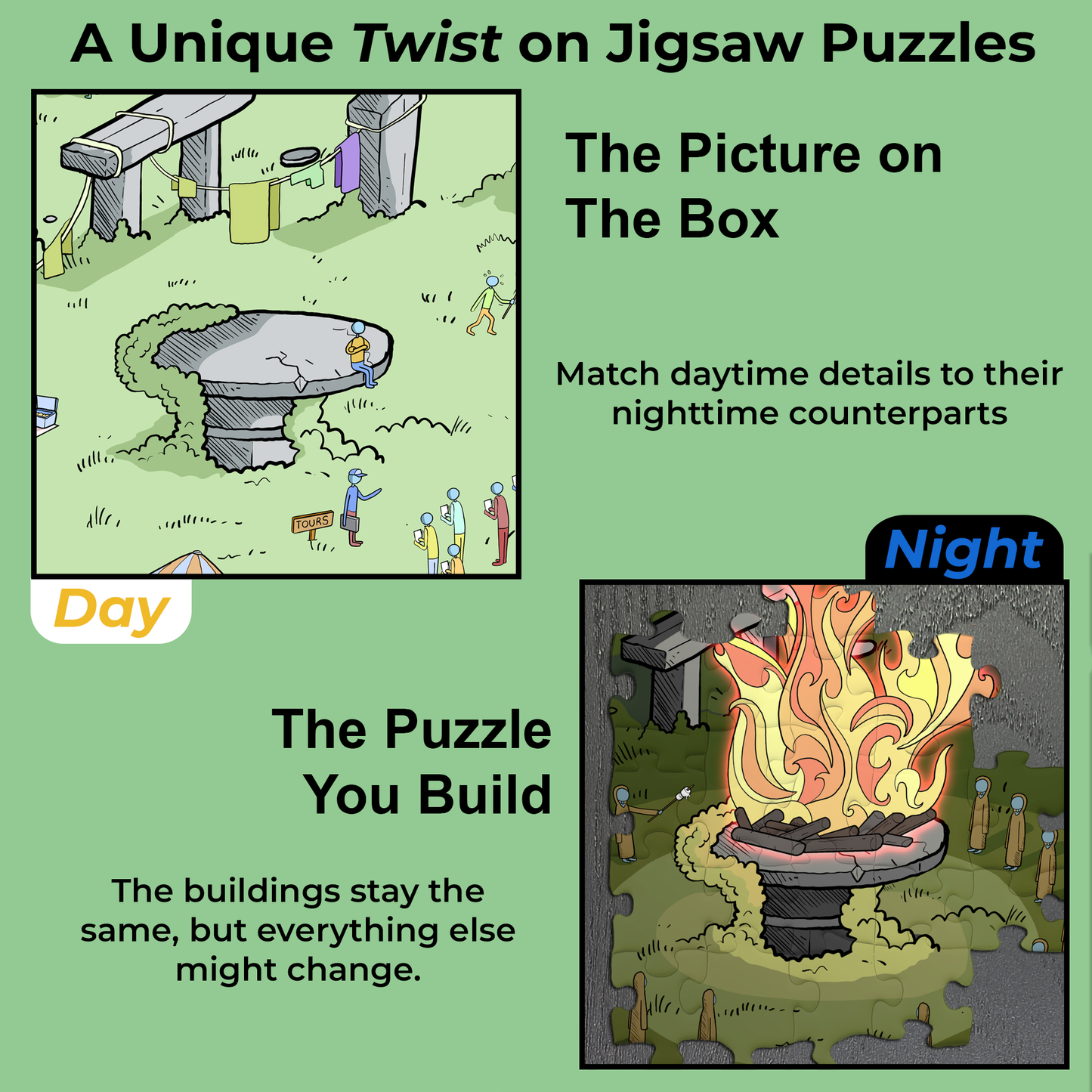 1000 Piece Jigsaw Puzzle – Box Shows Day, Puzzle Reveals Night | Time Warp Puzzle: Tourist Trap