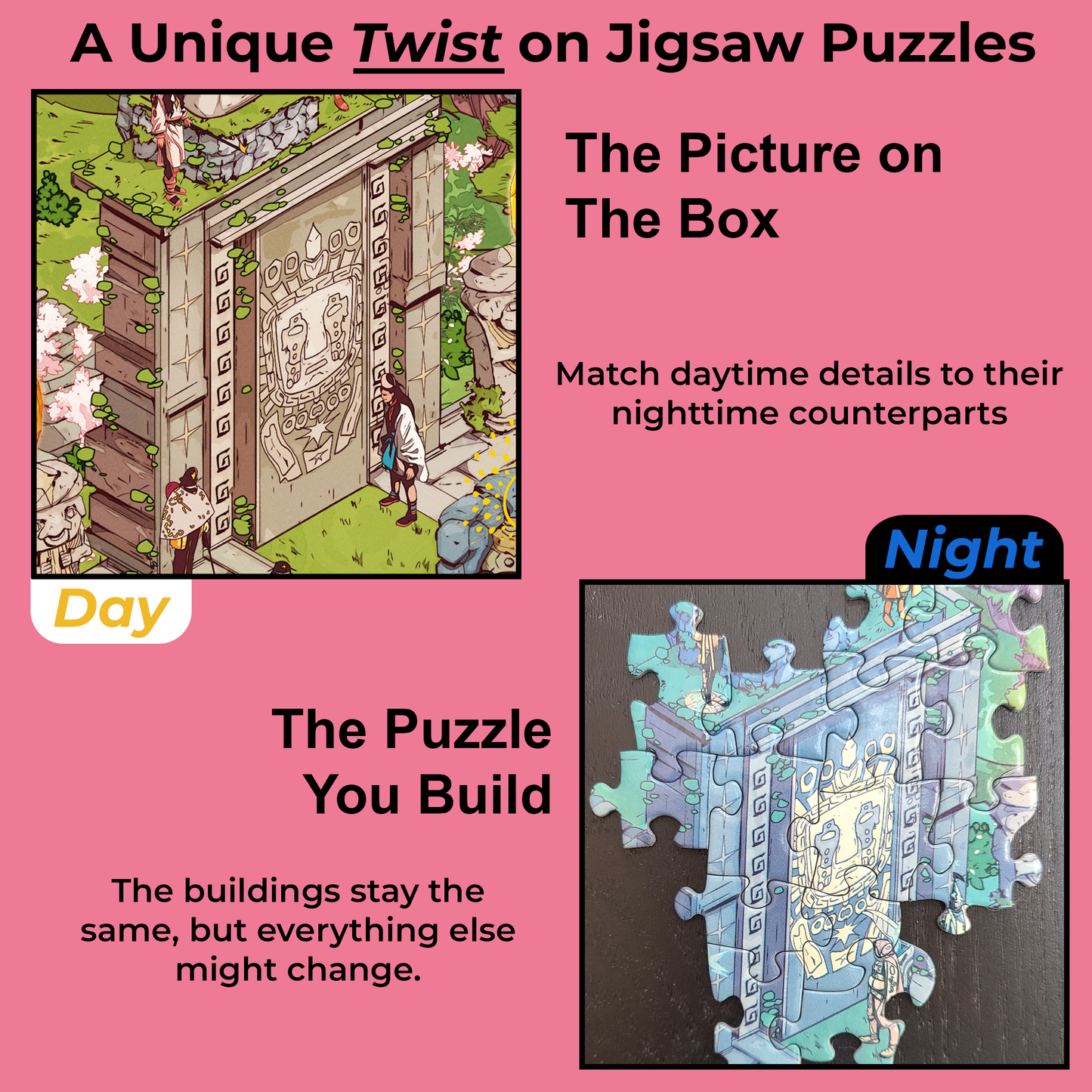 1000 Piece Jigsaw Puzzle – Box Shows Day, Puzzle Reveals Night | Time Warp Puzzle: Starwatchers