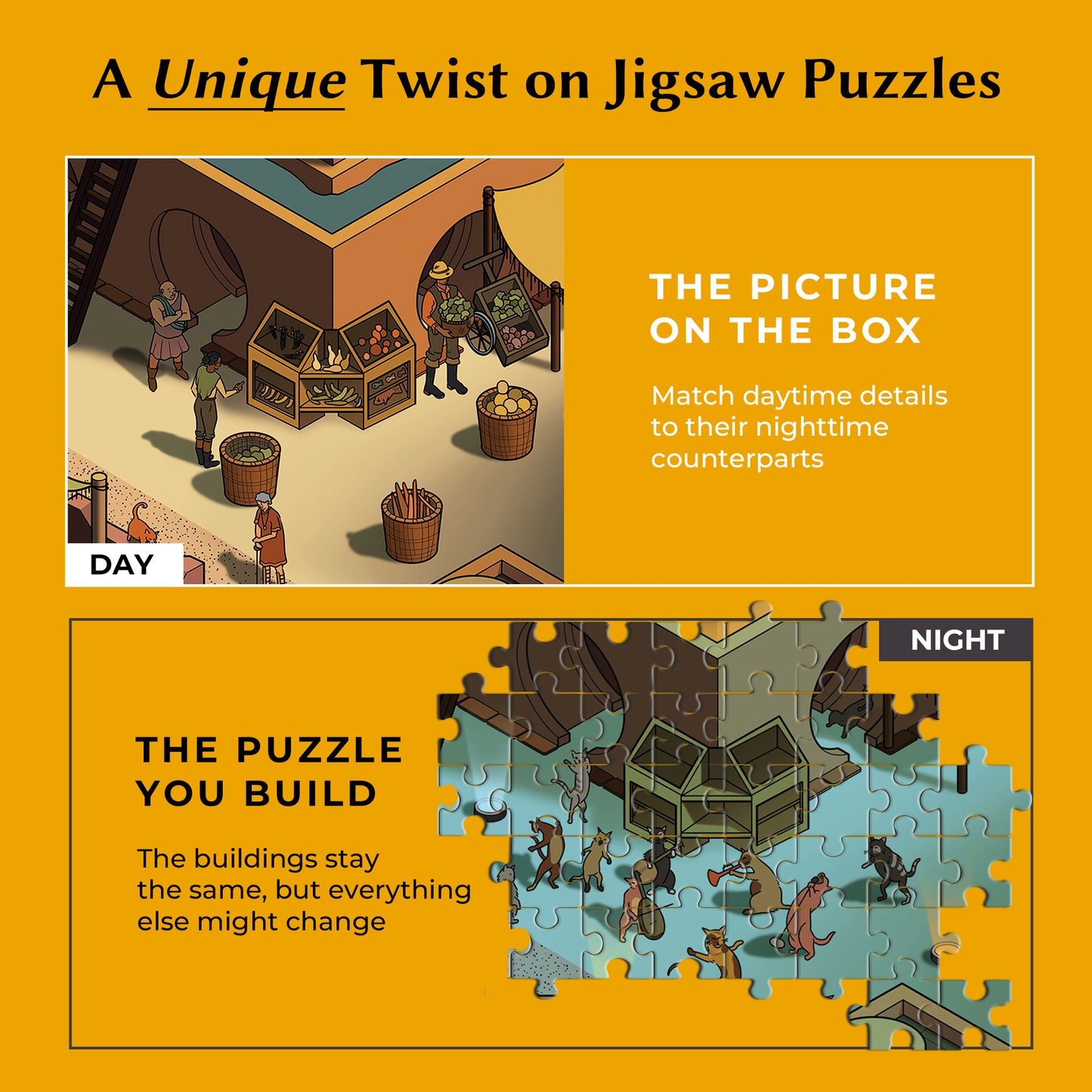 1000 Piece Jigsaw Puzzle – Box Shows Day, Puzzle Reveals Night |Time Warp Puzzle: Rock the Cat's Paw
