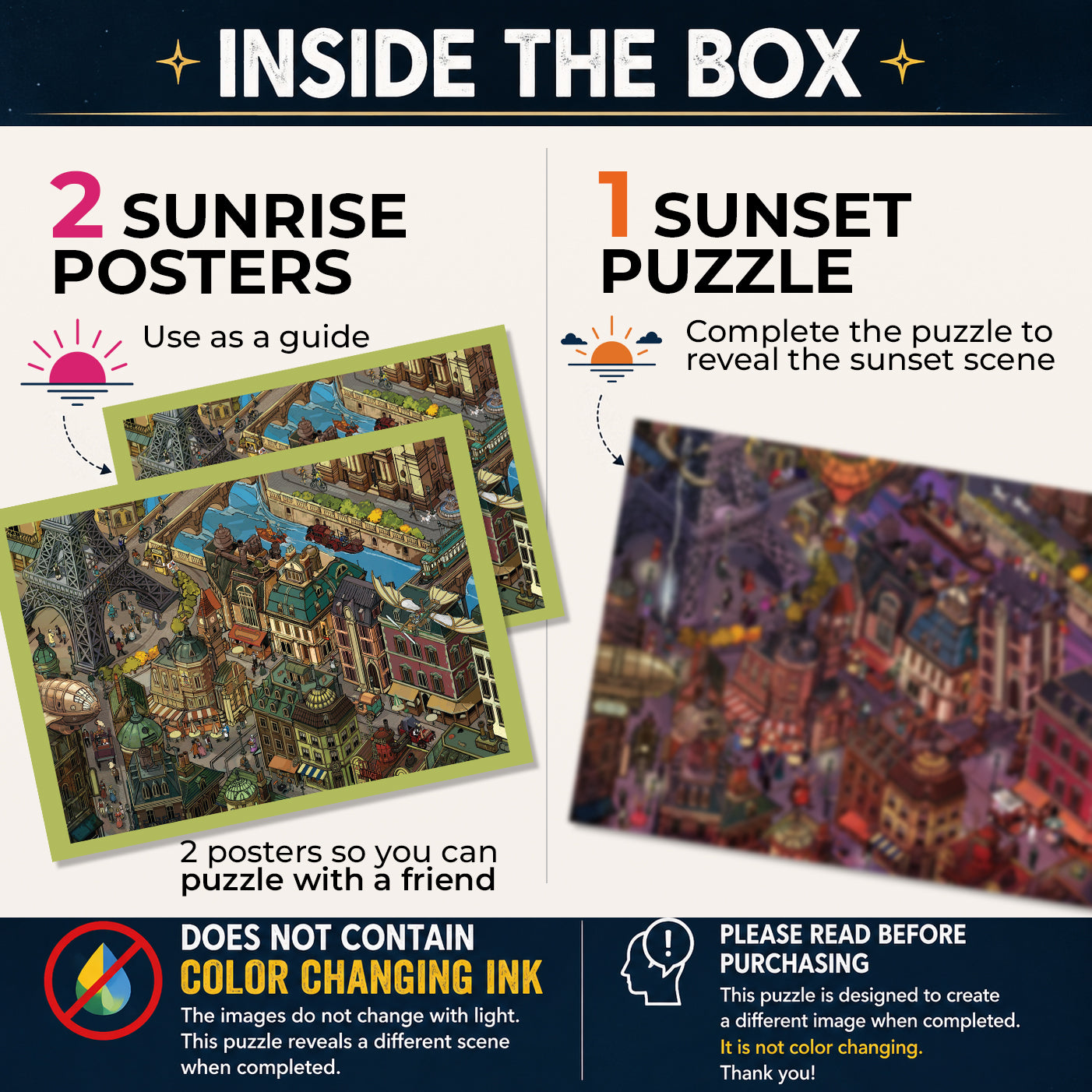 1000 Piece Jigsaw Puzzle – Box Shows Sunrise, Puzzle Reveals Sunset | Time Warp Puzzle Series 2: Steampunk Paris