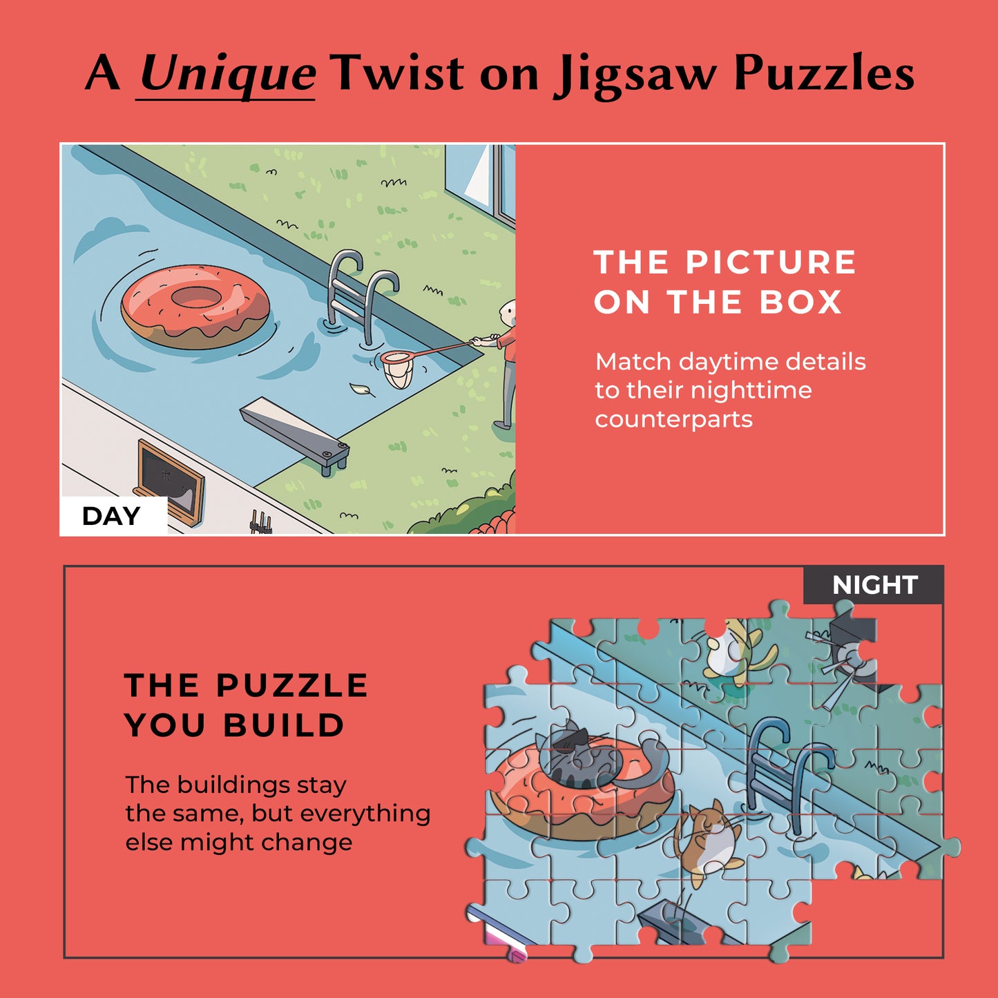 1000 Piece Jigsaw Puzzle – Box Shows Day, Puzzle Reveals Night | Time Warp Puzzle: Purrfect Party