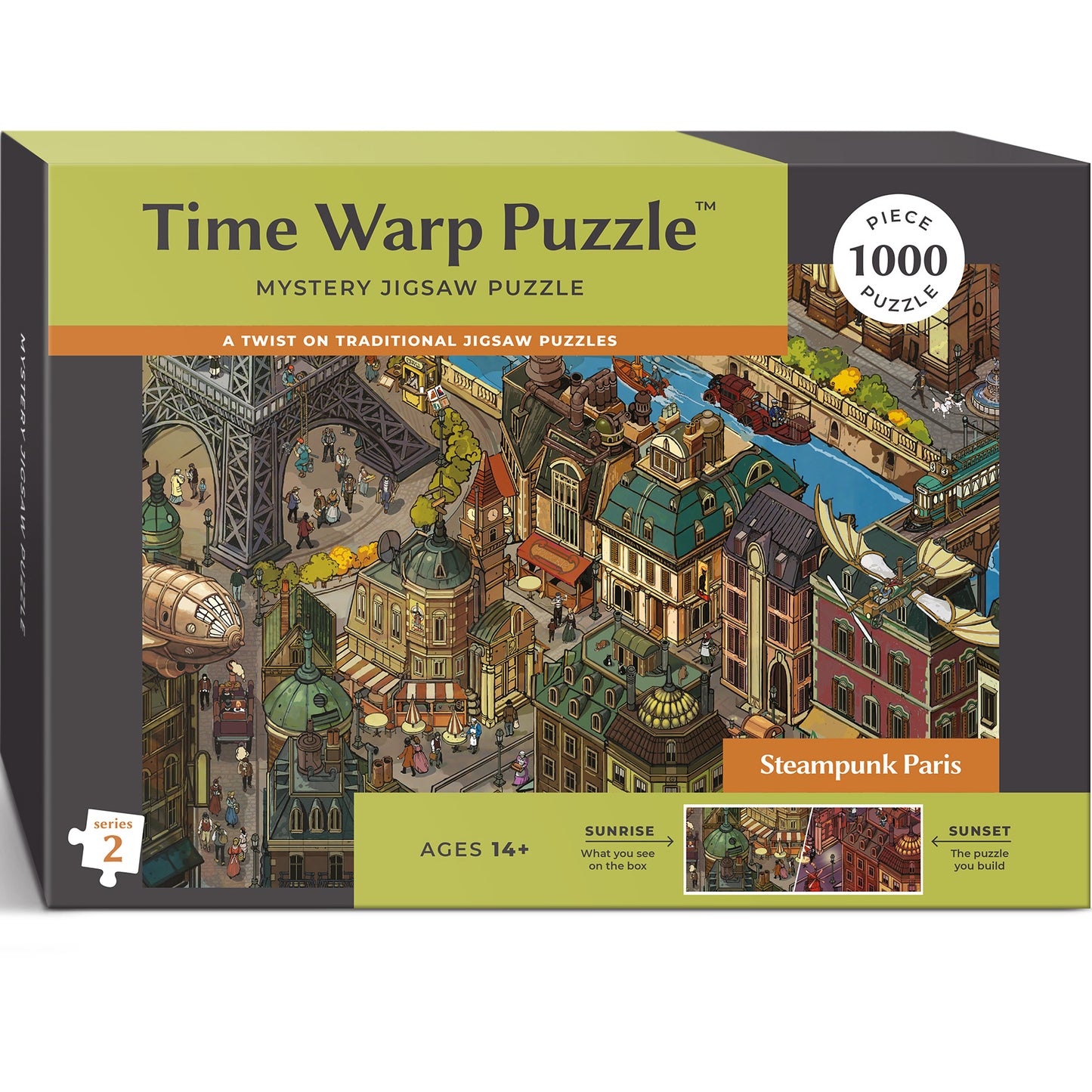 1000 Piece Jigsaw Puzzle – Box Shows Sunrise, Puzzle Reveals Sunset | Time Warp Puzzle Series 2: Steampunk Paris