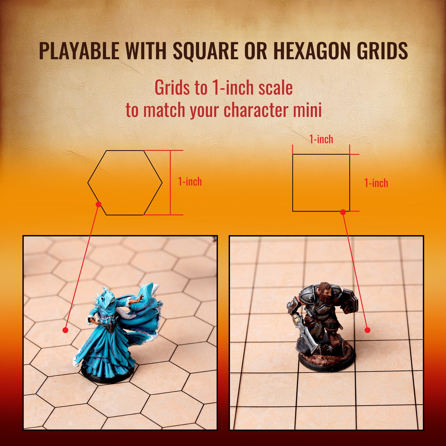 4-Foot DnD Battle Map - Neoprene Tabletop Game Mat with Interchangeable Hex & Square Grid Overlays