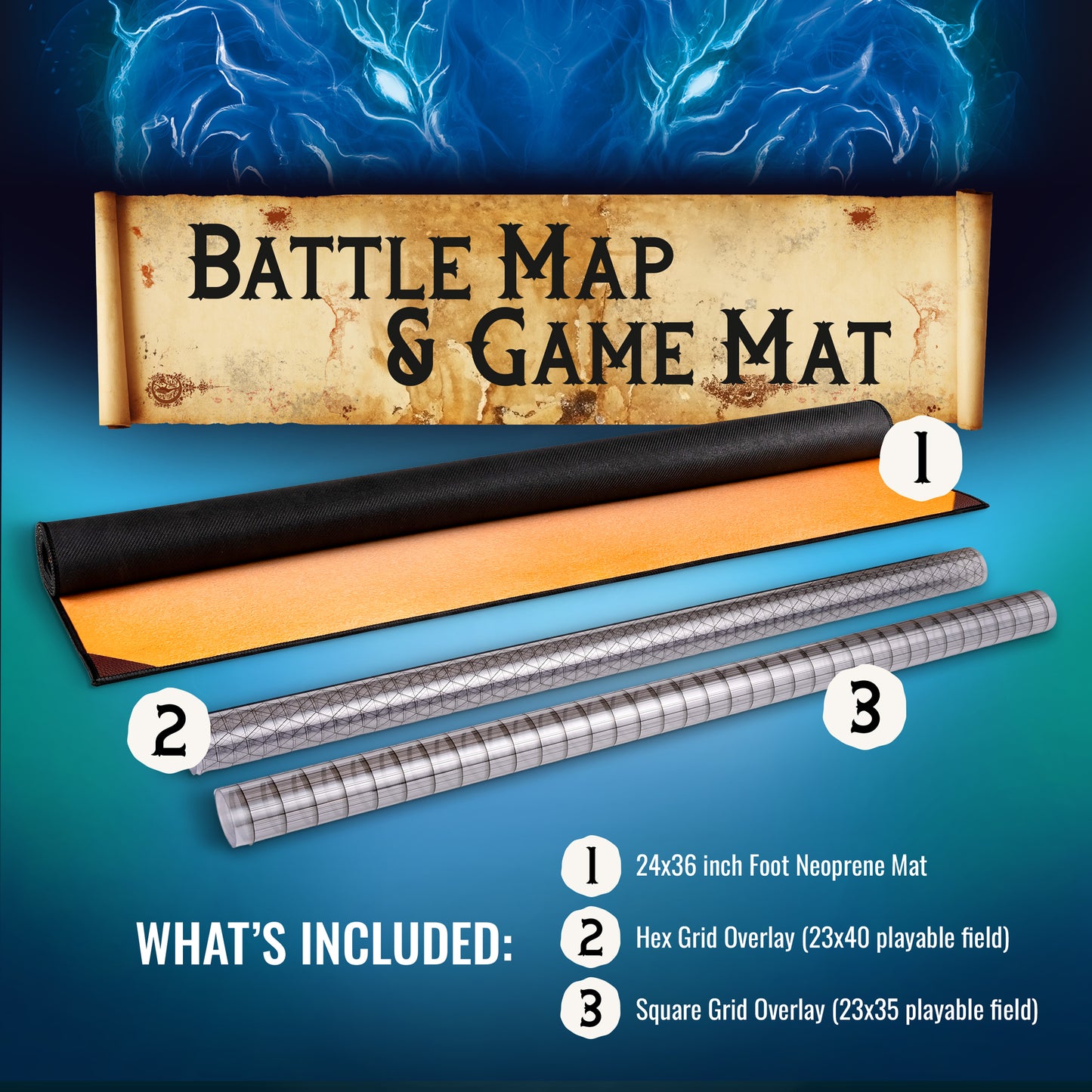 3-Foot DnD Battle Map - Neoprene Tabletop Game Mat with Interchangeable Hex & Square Grid Overlays