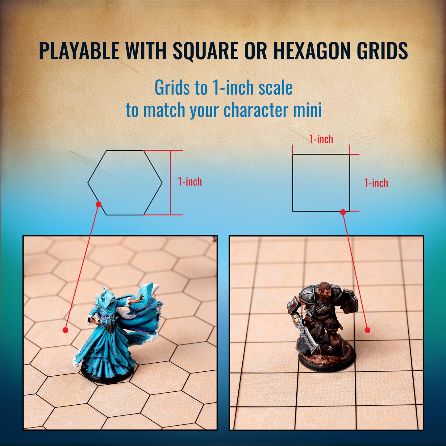 3-Foot DnD Battle Map - Neoprene Tabletop Game Mat with Interchangeable Hex & Square Grid Overlays