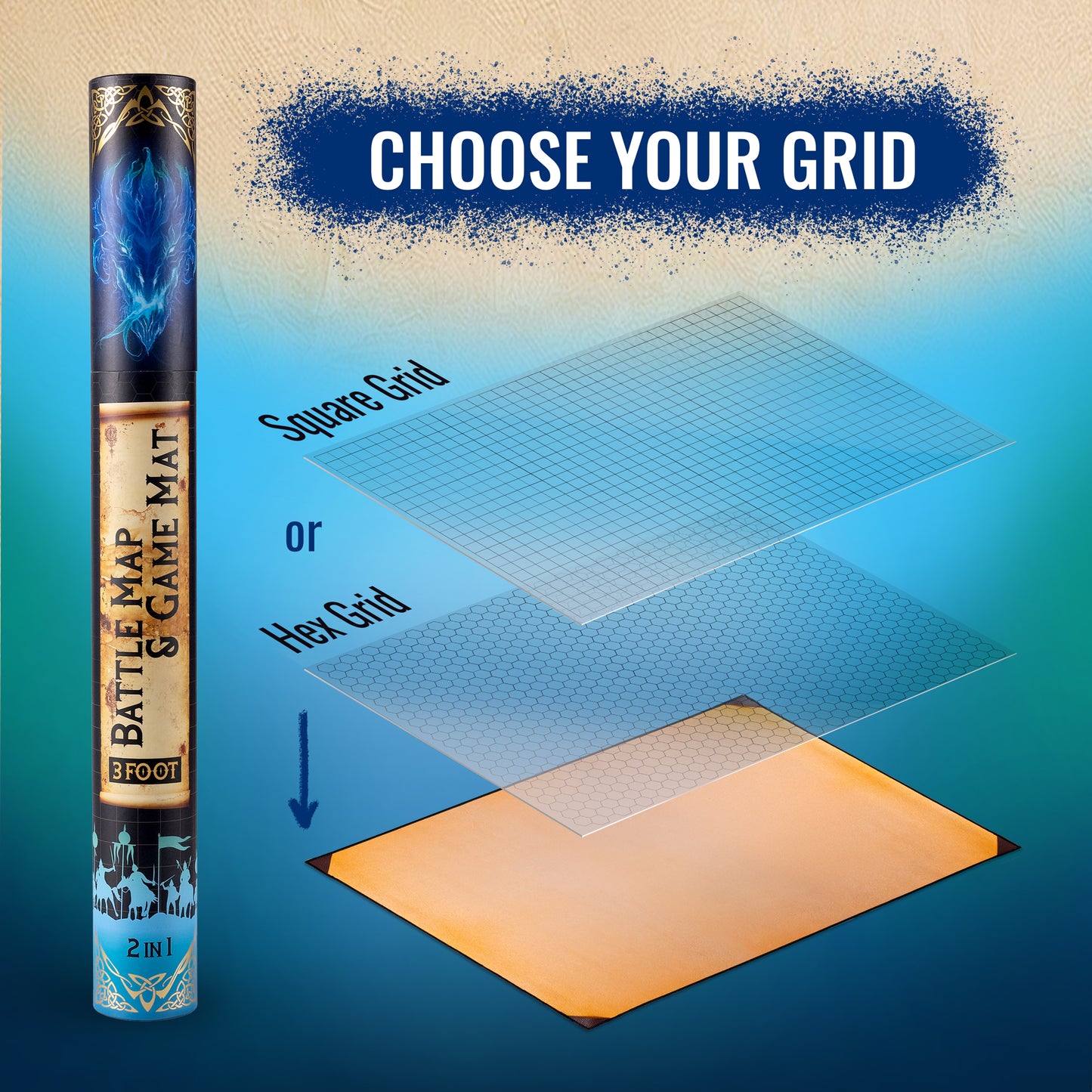 3-Foot DnD Battle Map - Neoprene Tabletop Game Mat with Interchangeable Hex & Square Grid Overlays