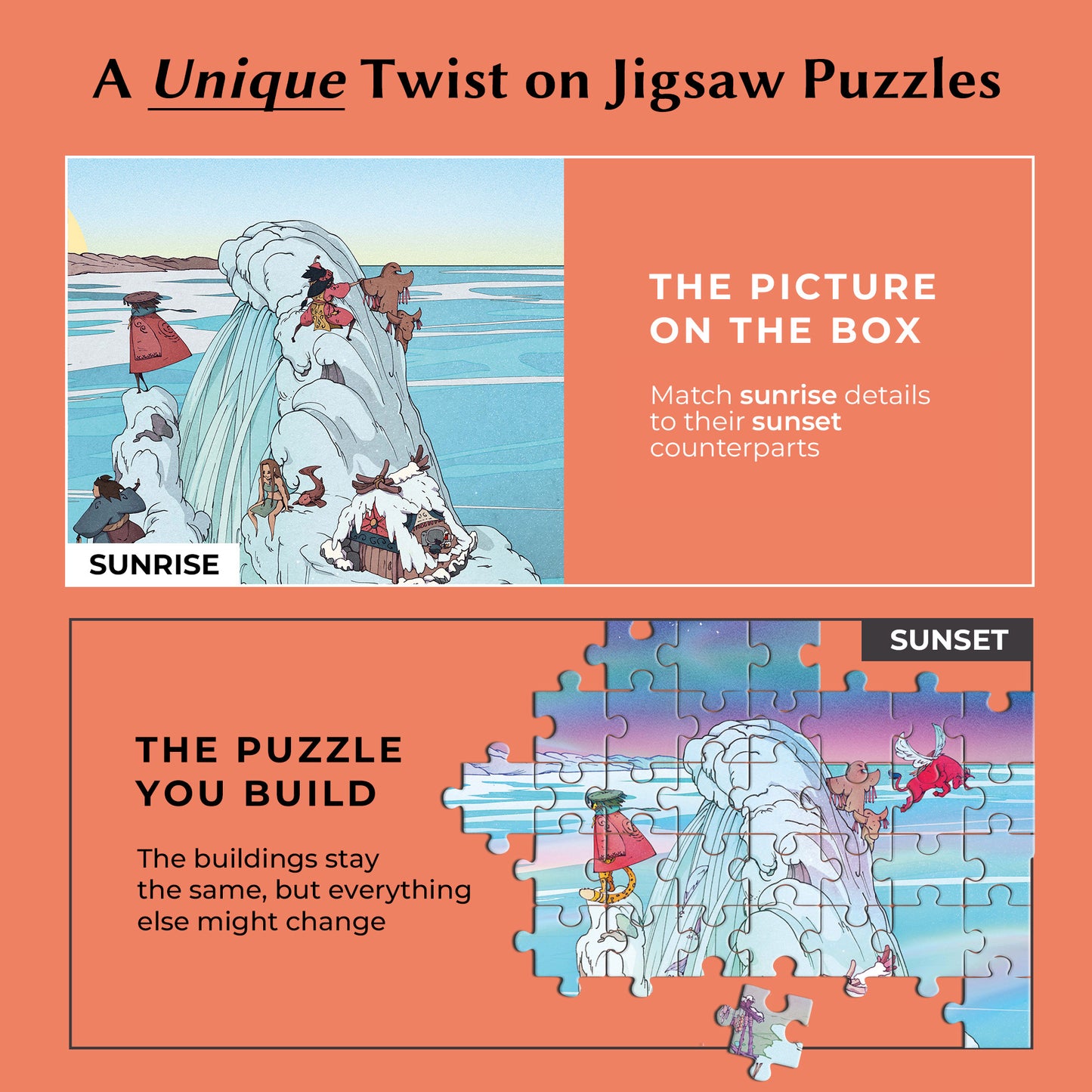 1000 Piece Jigsaw Puzzle – Box Shows Sunrise, Puzzle Reveals Sunset | Time Warp Puzzle Series 2: Spirits of the Aurora