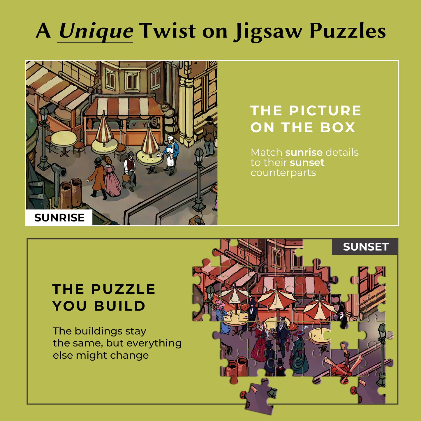 1000 Piece Jigsaw Puzzle – Box Shows Sunrise, Puzzle Reveals Sunset | Time Warp Puzzle Series 2: Steampunk Paris