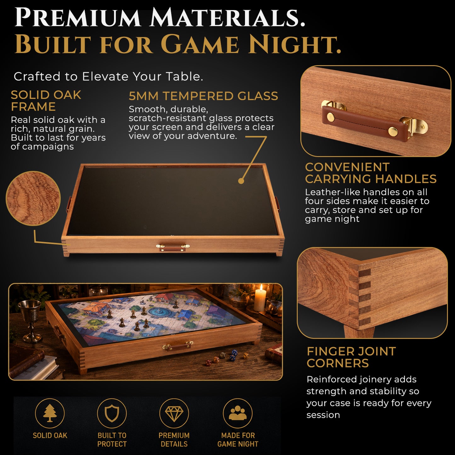 D&D TV Tabletop Display Case for 43” TVs – Solid Oak Digital Battle Map Frame with Tempered Glass for Dungeon Masters